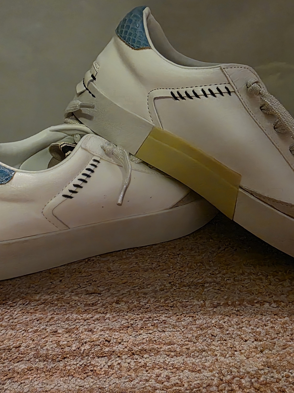 White Low-Top Sneakers with Blue Heel Accent